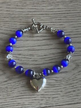 Blue Beaded Heart Charm Bracelet - Women's Jewelry